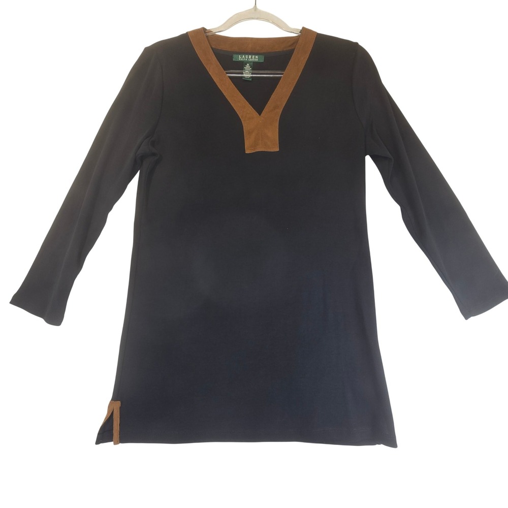 Lauren Ralph Suede Trim Tunic Top Women M Autumn Black Equestrian Indie Western